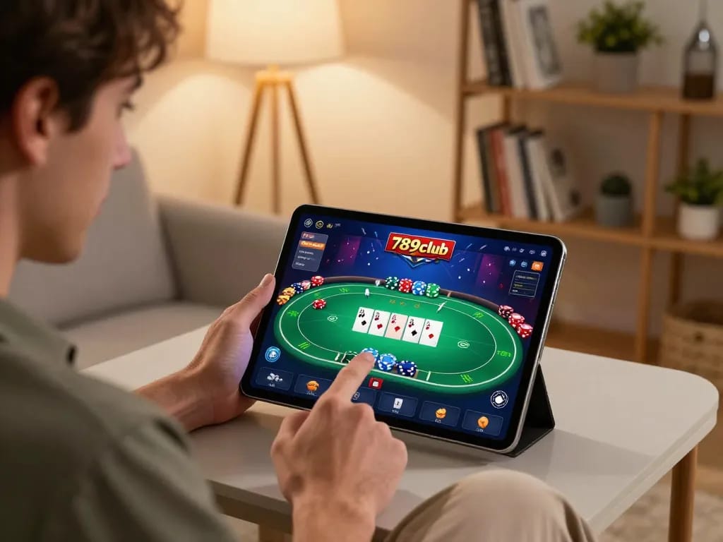 Player engaging with the 789club app in a cozy gaming setup, showcasing vibrant poker gameplay.