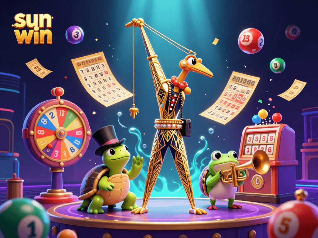 Experience the excitement of sun win with vibrant lottery elements and whimsical characters.