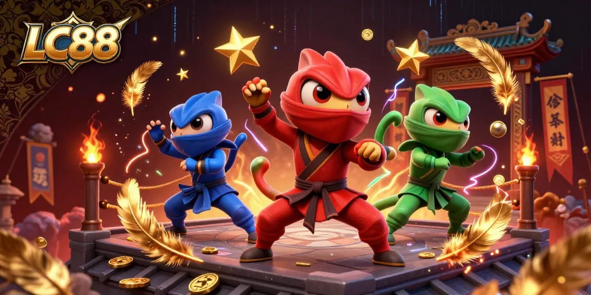 Experience exciting gameplay with LC88 as chameleon ninjas demonstrate synchronized martial arts in a thrilling casino-themed battle.