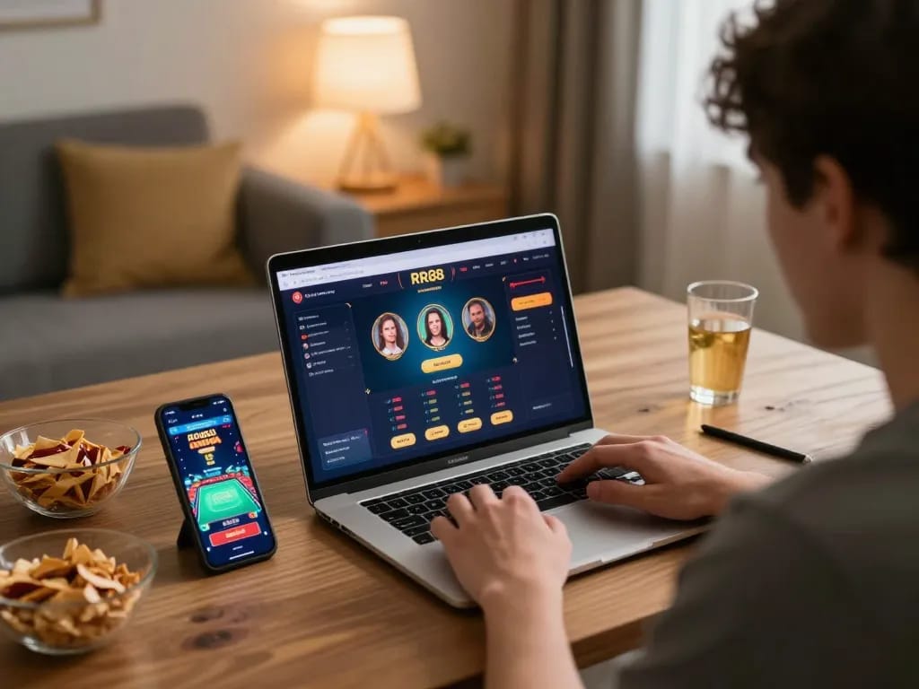 Engaging user enjoying RR88 online gaming experience at home with focused atmosphere