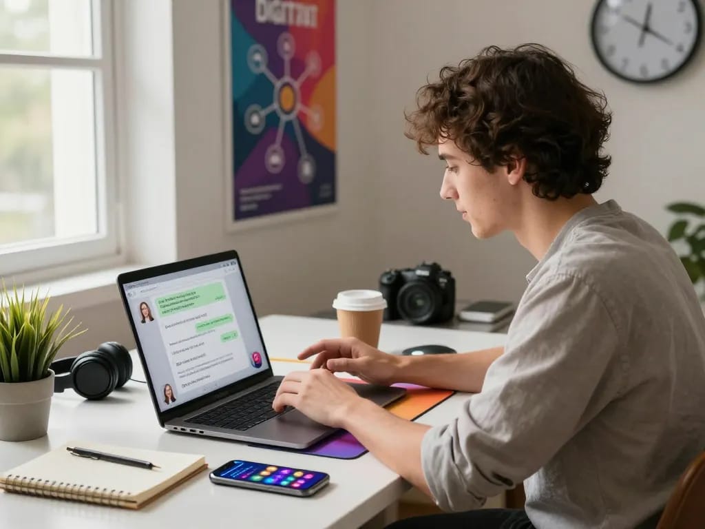 Engaging scene of sexting AI interaction in a modern digital workspace with chatbot conversation.