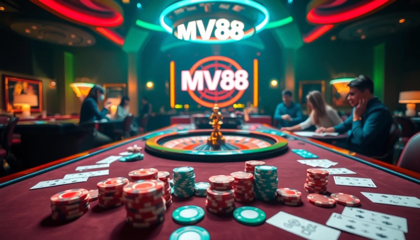 Winning gamblers celebrate their luck at the mv88 luxury casino table filled with cards and chips.