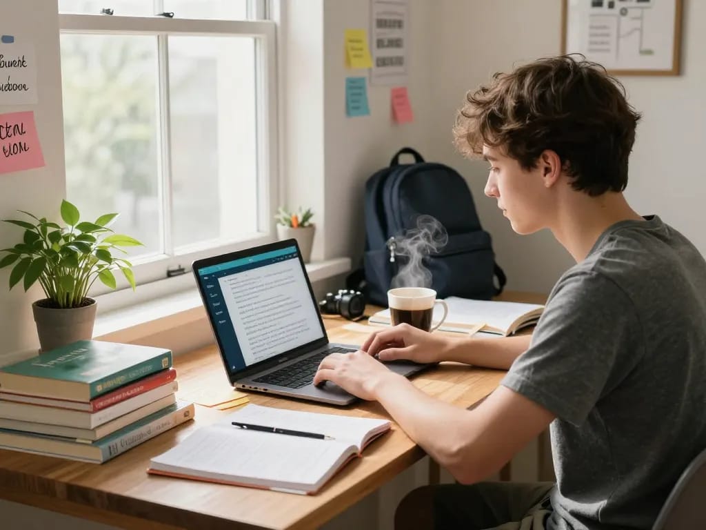 Student nutzt eine Hausaufgaben Löser App in einem gemütlichen Homeoffice.