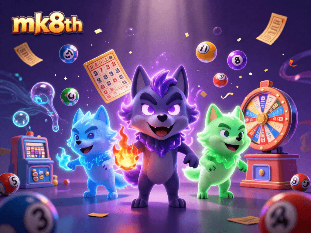 Engage with mk8th's vibrant lottery gaming experience through dynamic 3D visuals and colorful elements.