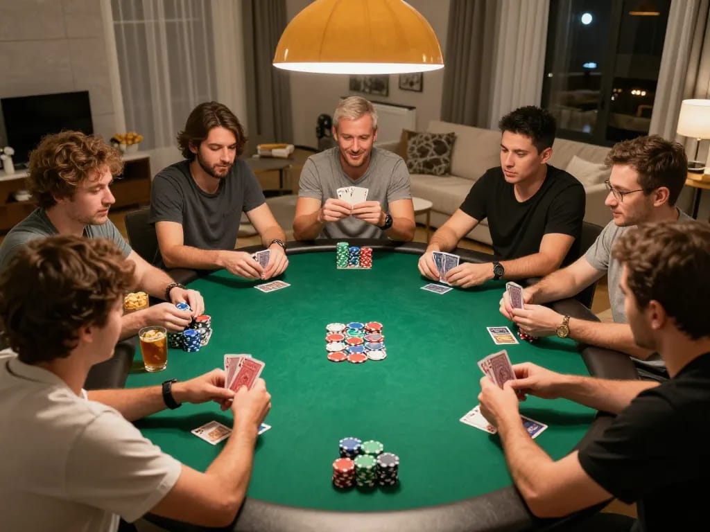 Watch players enjoy f168 poker night with colorful chips and lively discussions