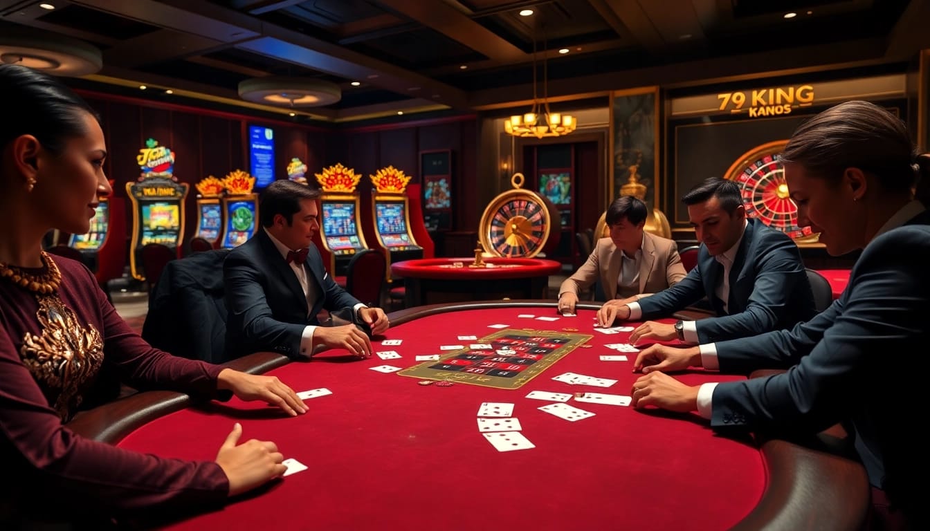 Engaged players at 79KING betting chips on a poker table in a luxurious casino.