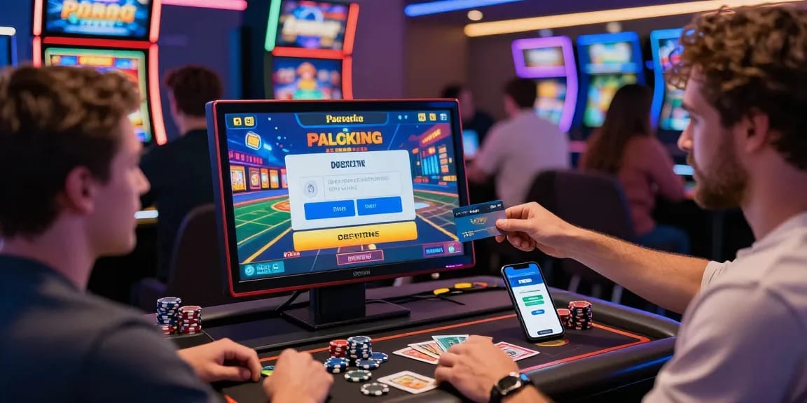 Spieler in einem Paysafe Card Casino, die Einzahlungen vornehmen und lebhaftes Online-Gaming genießen.