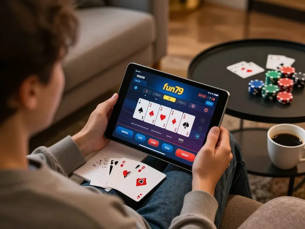 Engaging player using fun79 online casino on a tablet, creating a comfortable gaming atmosphere.