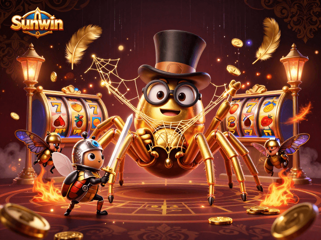 Sunwin's casino scene featuring a golden tarantula weaving luck as a beetle knight approaches.