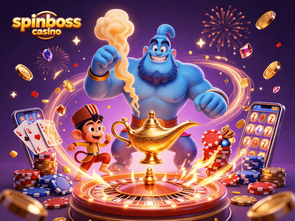 Spiele im spinboss casino mit einem muskulösen Genie und lebhaften Pokerchips