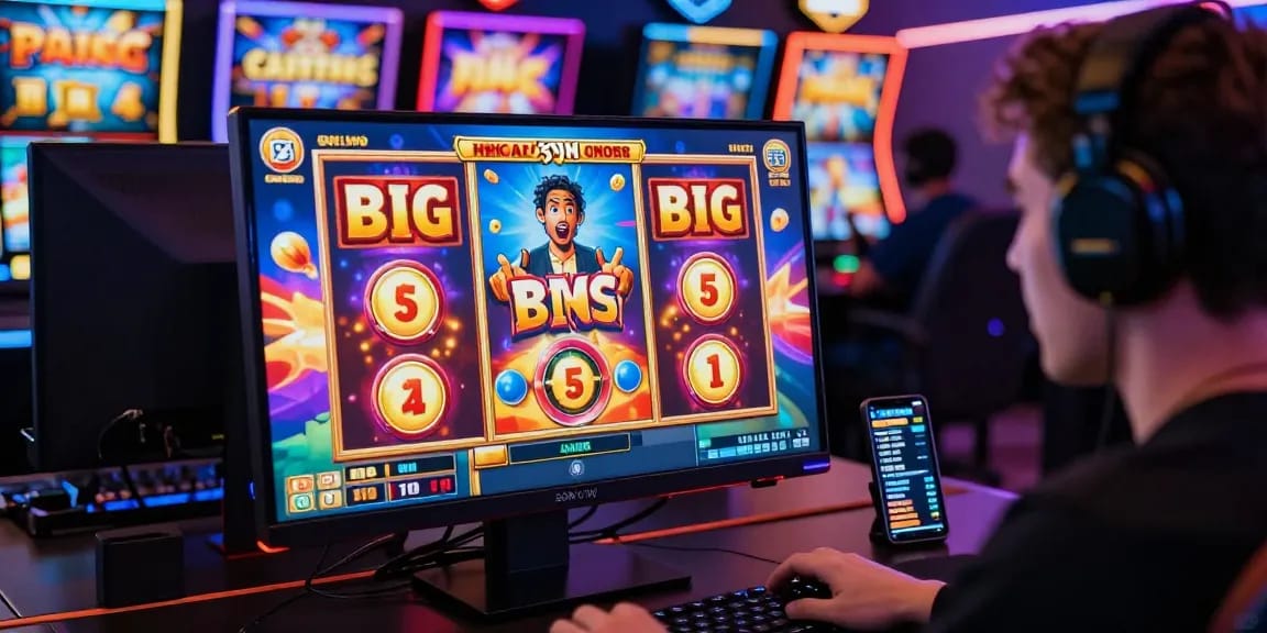 Seorang pemain antusias bermain slot gacor online dengan suasana permainan yang menyenangkan dan warna cerah.
