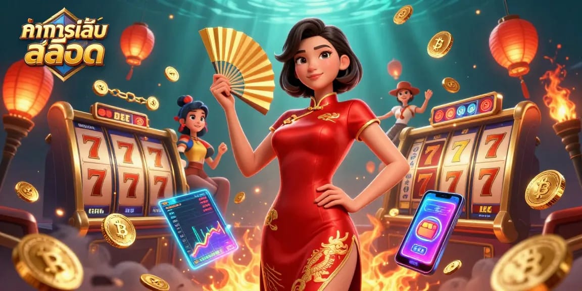 Experience ทดลองเล่นสล็อต with vibrant visuals, slot reels, and golden coins in an immersive gaming atmosphere.
