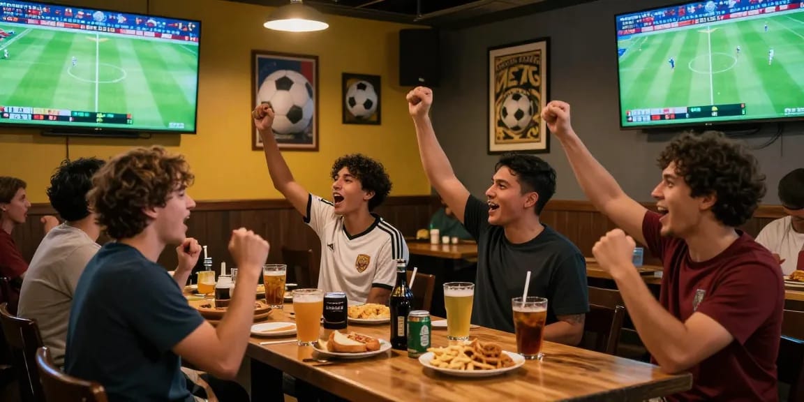 Wetten Fussball in einer lebhaften Sportsbar mit Freunden, die die Spiele verfolgen.