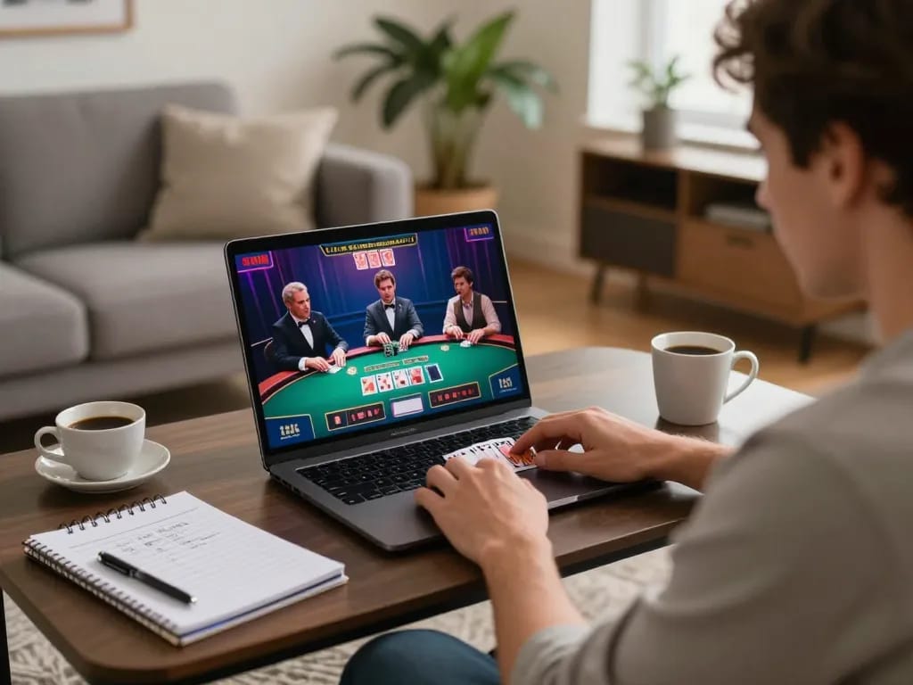 Player enjoying a live dealer blackjack game on their laptop, showcasing sunwin’s engaging online gaming experience at home