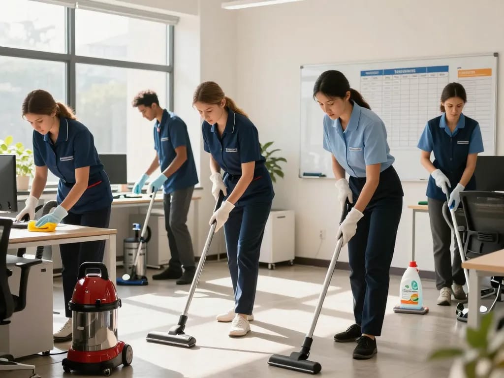 Professioneller Gebäudeservice in Münster: engagiertes Reinigungsteam im Einsatz im Unternehmensbüro