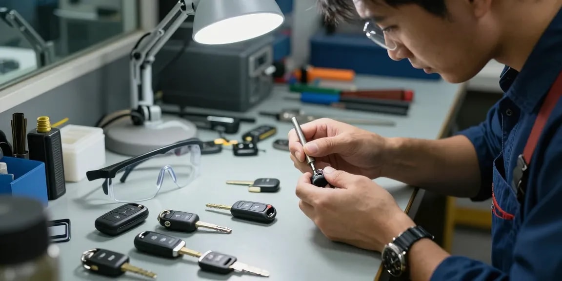 Schlüssel für Auto – Autolocksmith bei der präzisen Reparatur eines Autoschlüssels in einer professionellen Werkstatt.