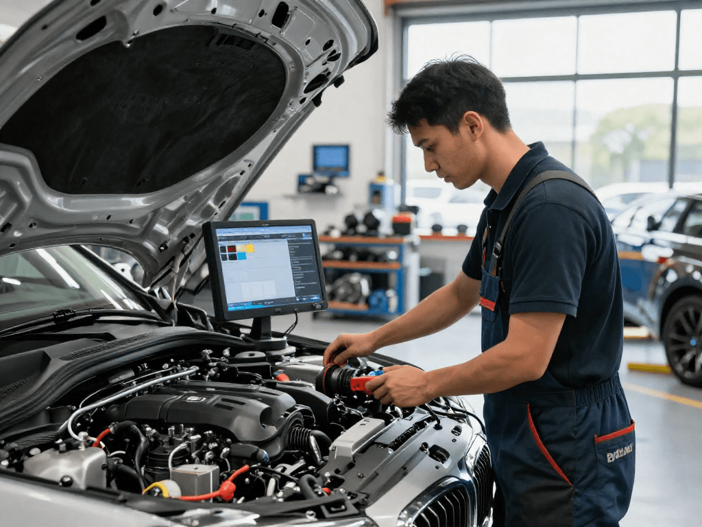 Chiptuning Hannover: Professioneller Techniker bei der Motoruntersuchung in moderner Werkstatt.