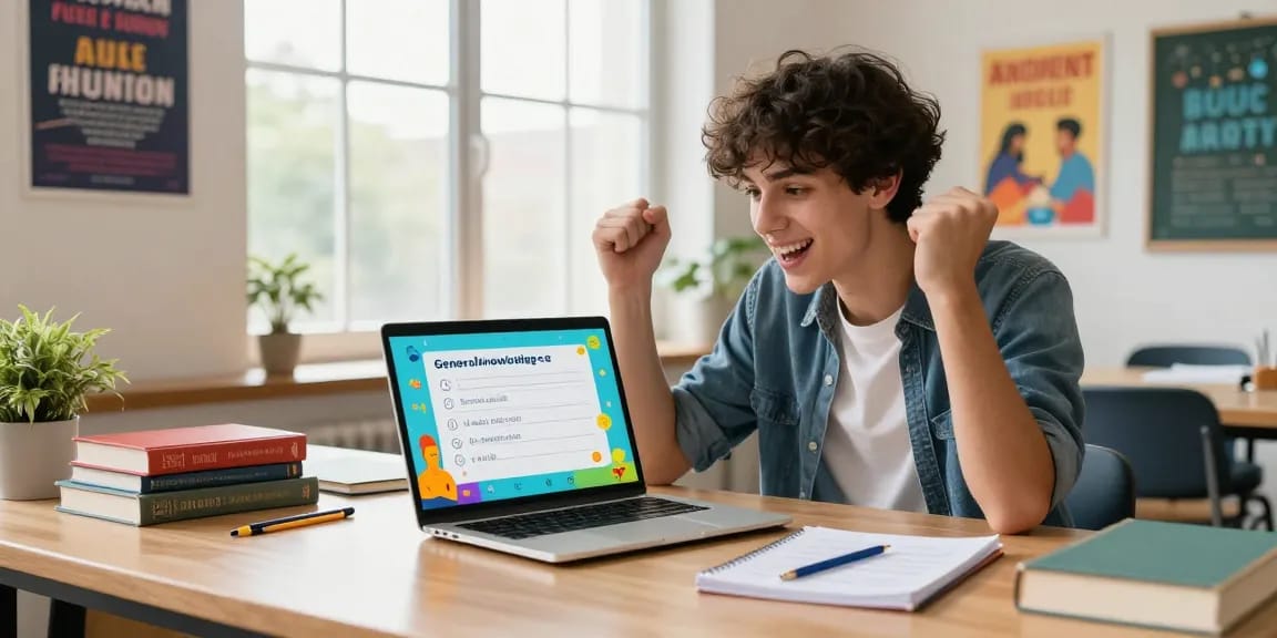 Interaktives Quiz Allgemeinwissen in modernem Lernraum mit Laptop und Büchern.