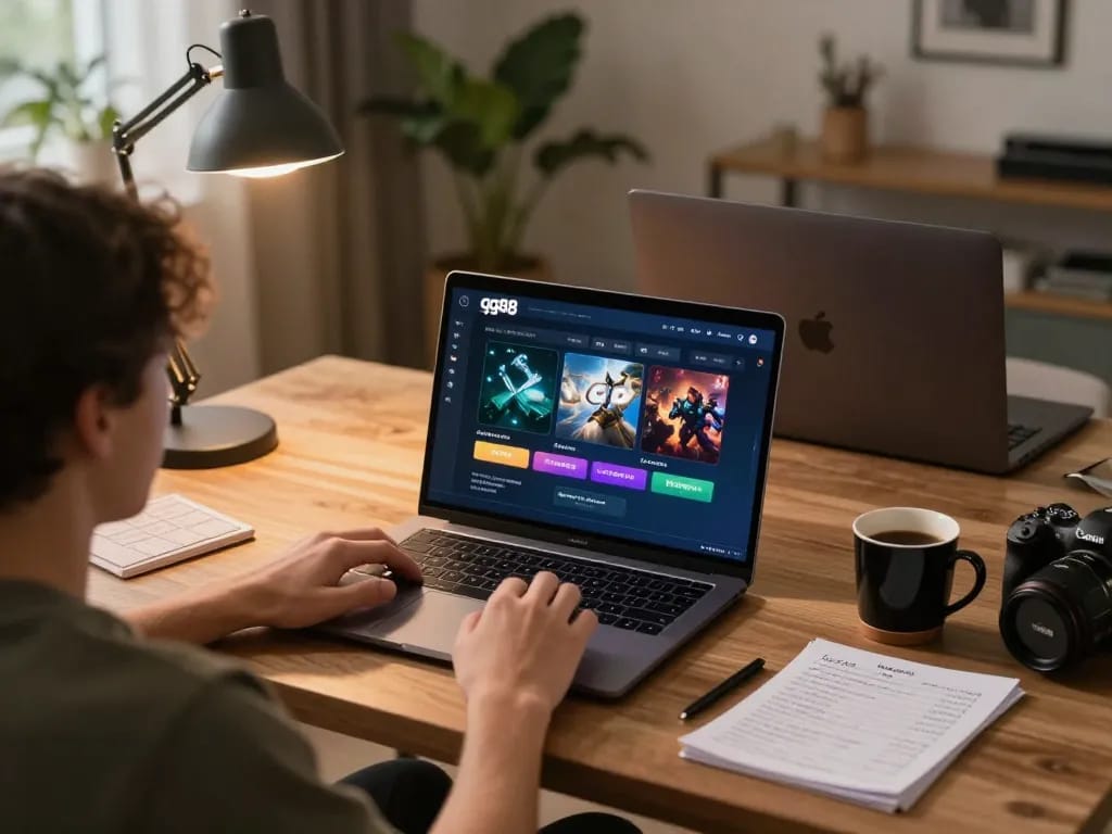 Engaging in online gaming on gg88 platform from home with a laptop setup and cozy atmosphere.