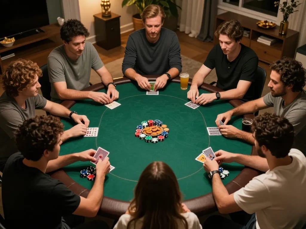 Engaged players strategizing a poker game at home as they enjoy a night of responsible gambling with bsport
