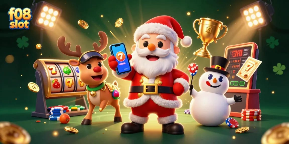 Nikmati putaran mendebarkan di slot f08 bersama Santa Claus dan teman-teman meriah dalam adegan kasino yang penuh warna ini.