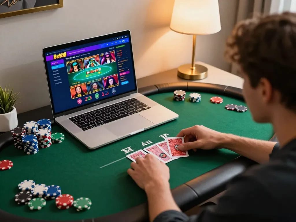 Playing poker on bet88 online casino app in a cozy home setup with vibrant atmosphere.