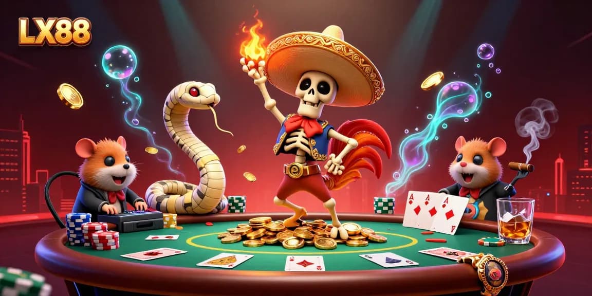 LX88 celebrates with a skeleton mariachi and friends at a lively poker game surrounded by vibrant casino elements.