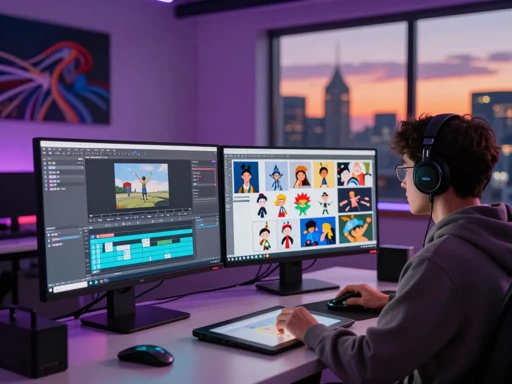 Digital artist using motion control software in a high-tech studio with dual screens and creative designs.