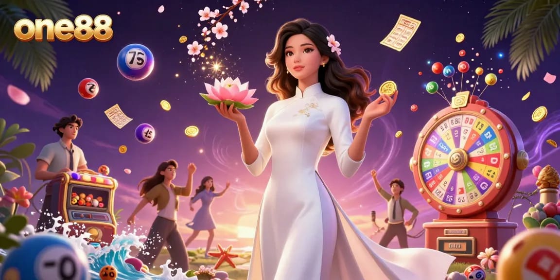 Experience the excitement of one88 with an Asian woman holding a golden coin and surrounded by colorful lottery elements.
