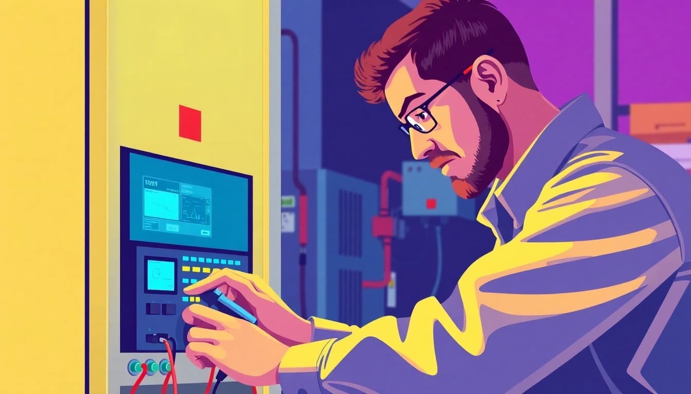 Technician performing a funktionsprüfung on electrical devices, showcasing precision and expertise.