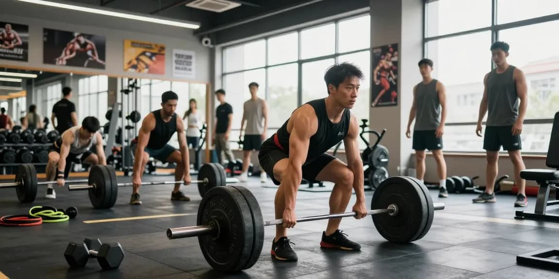 Anabolika Shop: Bodybuilder beim Training im modernen Fitnessstudio, zeigt Stärke und Entschlossenheit.