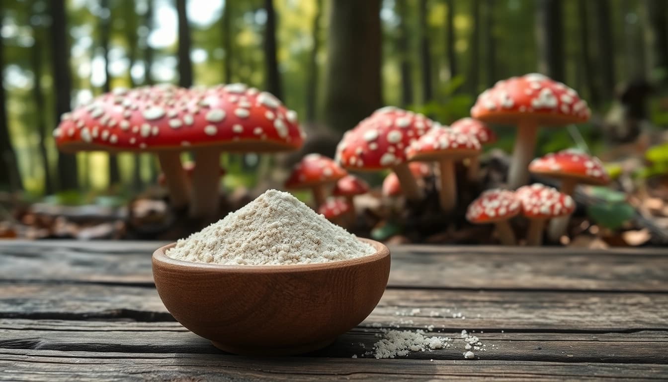 Fliegenpilz pulver in a wooden bowl surrounded by Amanita muscaria mushrooms in a forest.