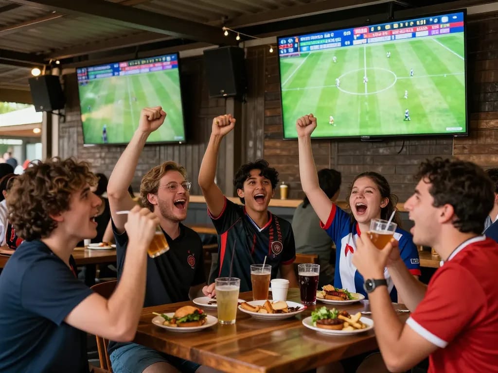 Fans celebrating the latest ผลการแข่งขันฟุตบอล at a lively sports bar, showcasing the excitement of betting.