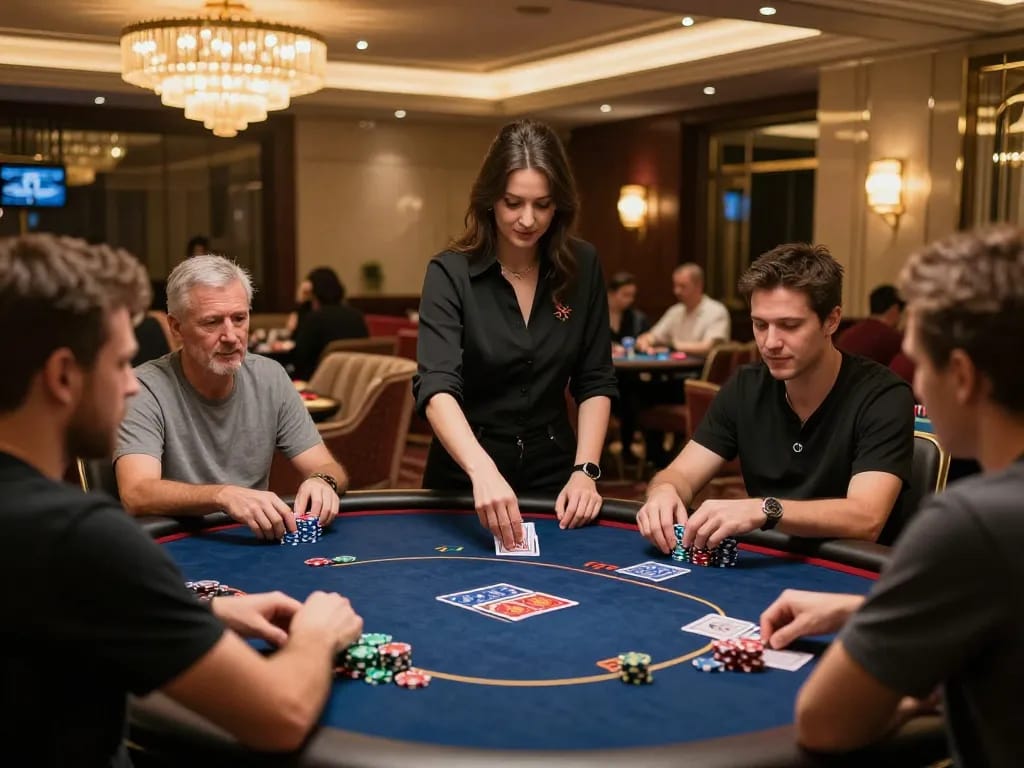 Players at a poker table engaged in a strategic game while scanning for Plagiat scannen opportunities in their work.