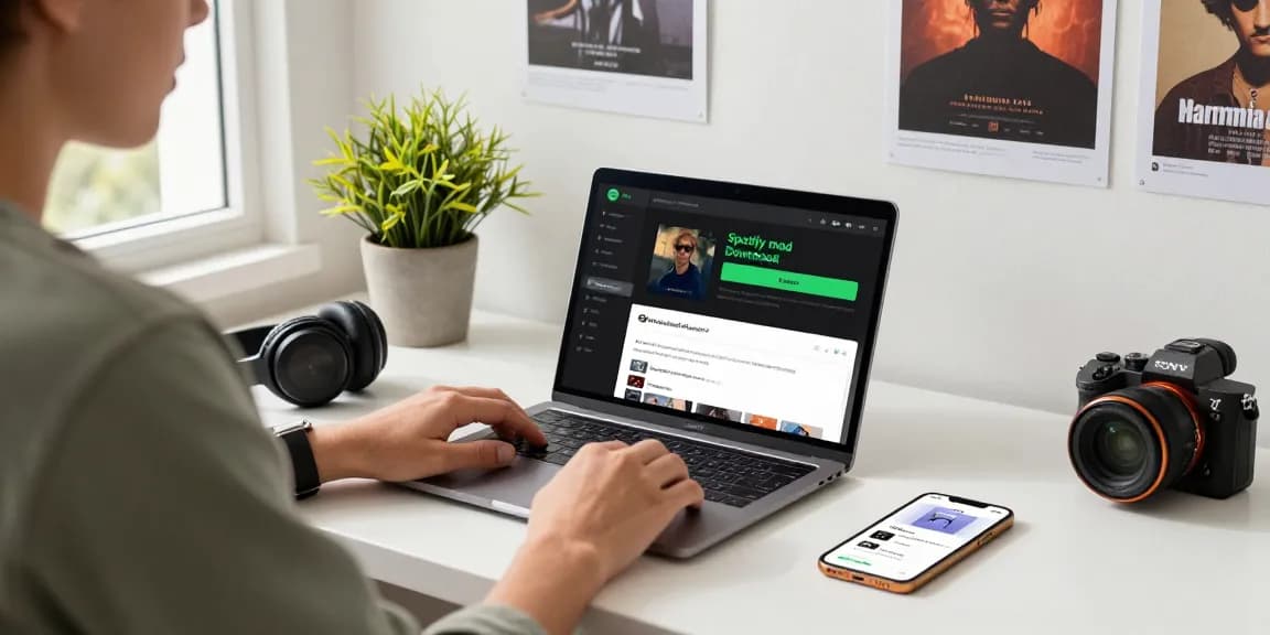 Engaging digital workspace showcasing spotify mod download process with music streaming interface and notifications.