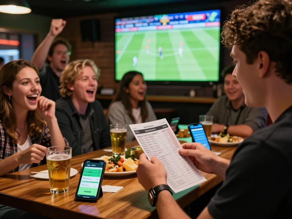 Exciting sports betting moments featuring ไฮไลท์ฟุตบอล 7m displayed on mobile screens while friends cheer at a sports bar.