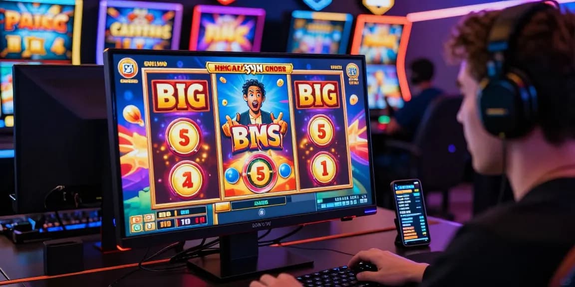 Seorang pemain antusias bermain slot gacor online dengan suasana permainan yang menyenangkan dan warna cerah.