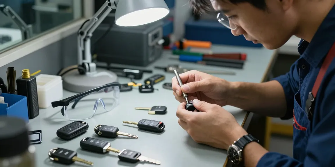 Schlüssel für Auto – Autolocksmith bei der präzisen Reparatur eines Autoschlüssels in einer professionellen Werkstatt.