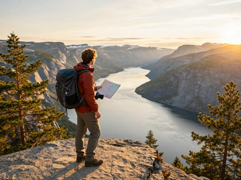 Skandinavien Reisetipps: Abenteuerlicher Reisender an einem malerischen Fjordausblick.