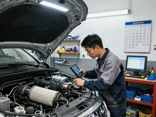 Mechaniker überprüft die DPF-Regeneration in einer professionellen Werkstatt.