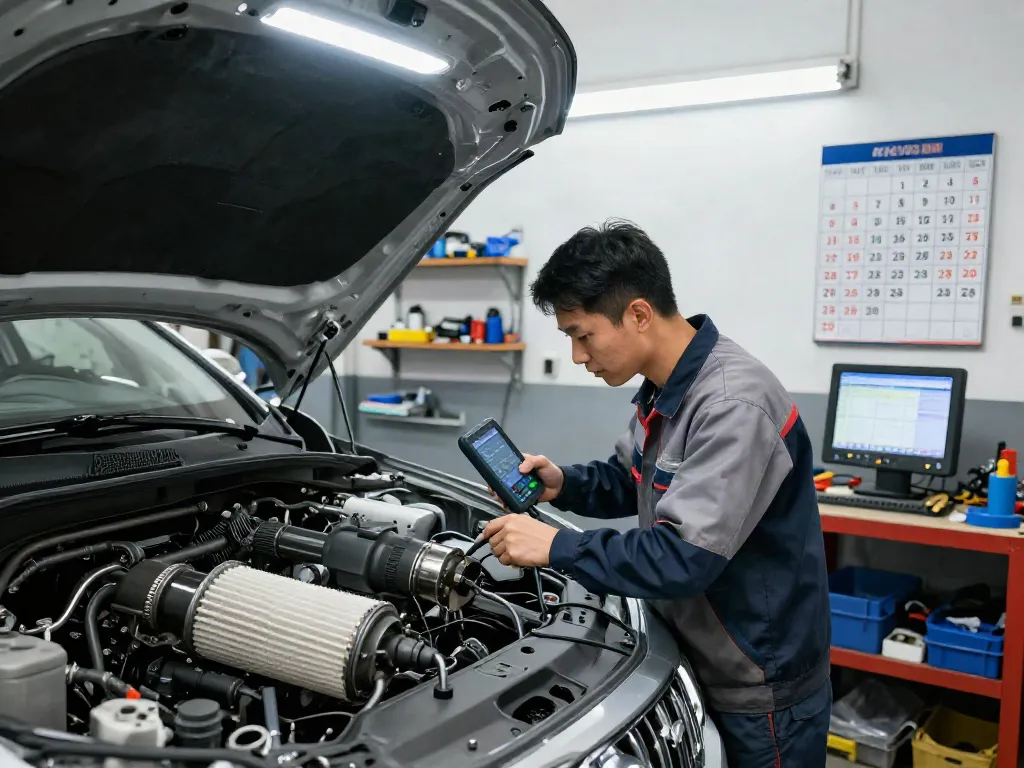 Mechaniker überprüft die DPF-Regeneration in einer professionellen Werkstatt.