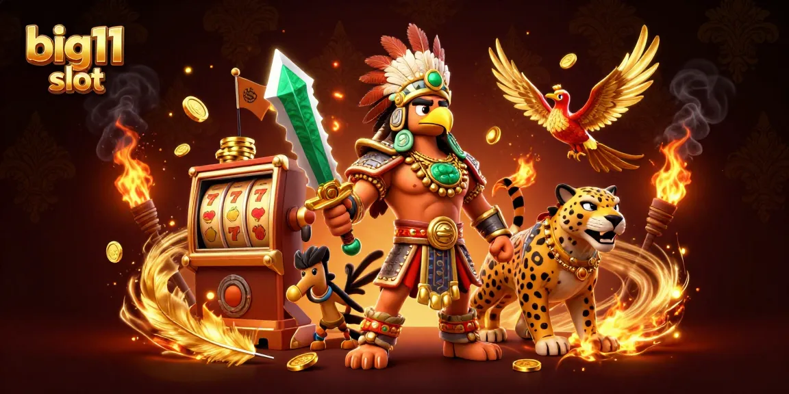 Mainkan slot big11 dengan visual yang hidup menampilkan seorang pejuang Aztec, gulungan slot yang dinamis, dan efek dramatis.