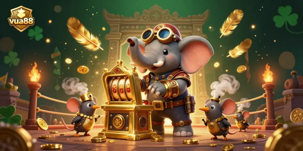 Experience thrilling gaming at vua88 with a vibrant 3D scene featuring steampunk characters and slot machines.