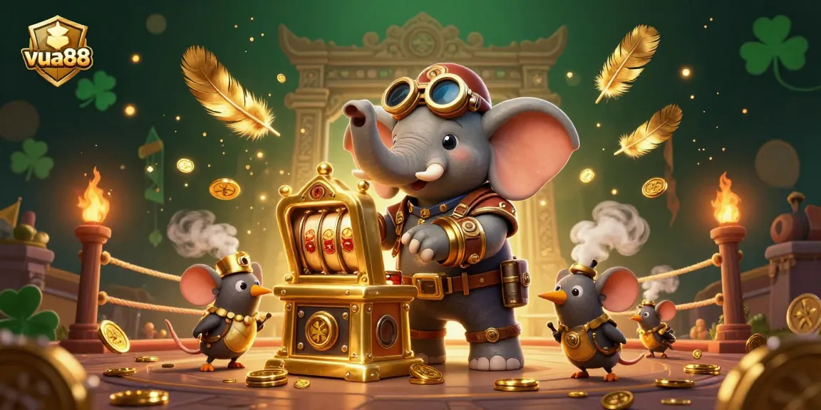 Experience thrilling gaming at vua88 with a vibrant 3D scene featuring steampunk characters and slot machines.