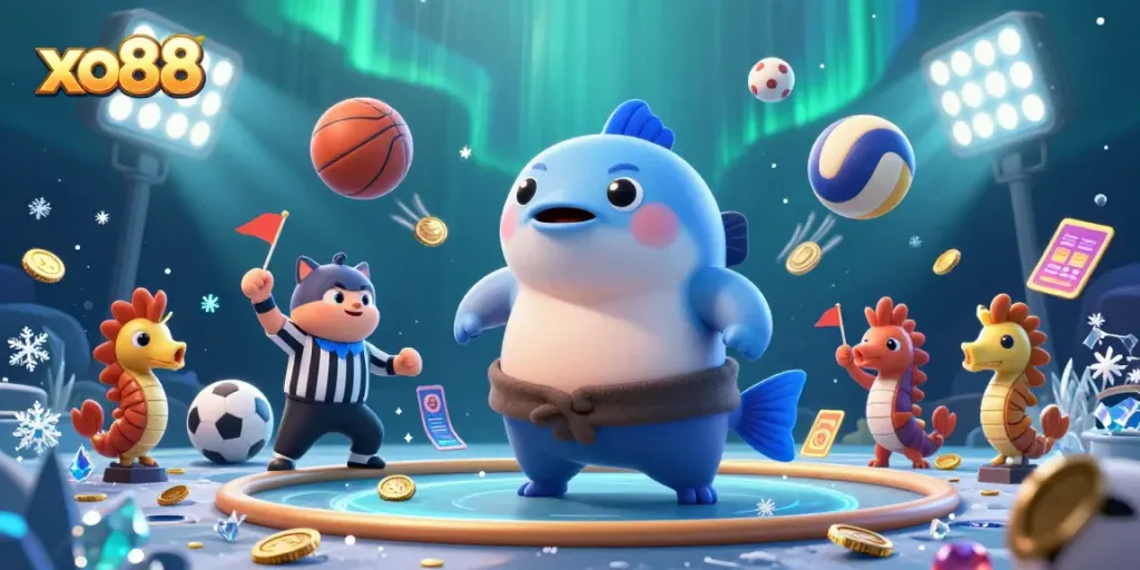 Engaging scene showing xo88's vibrant online casino atmosphere with lively characters and dynamic game elements.