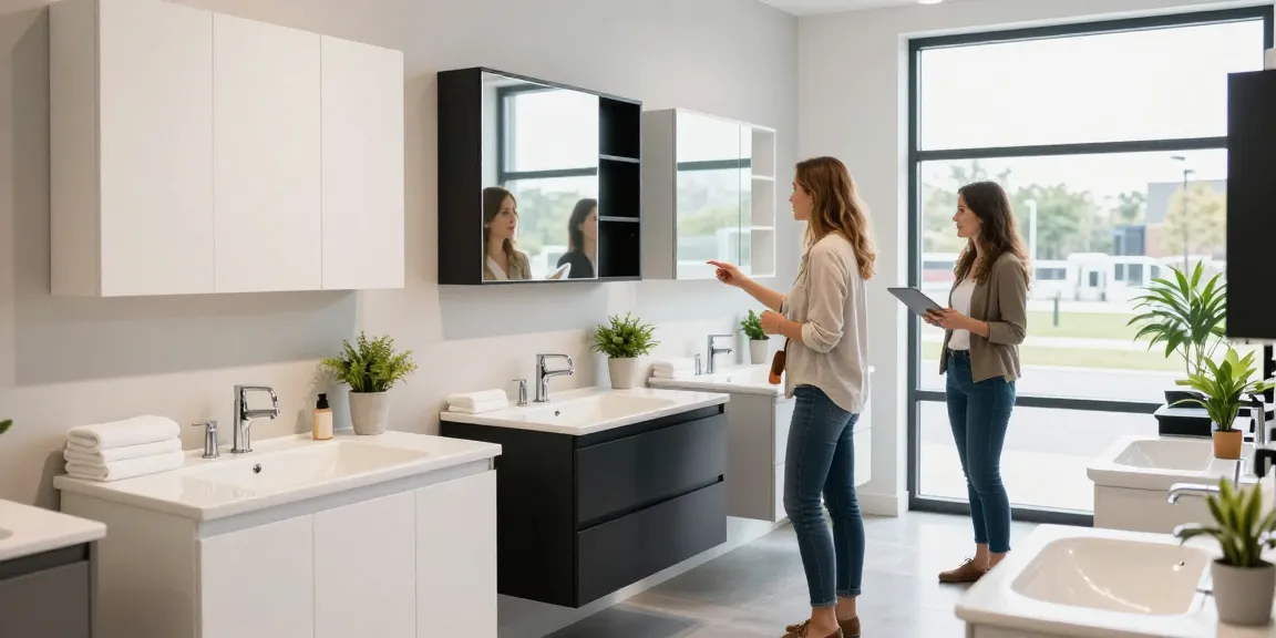 Klanten verkennen stijlvolle artikelen in een badkamermeubel outlet, met een moderne uitstraling van meubels en deskundig advies.