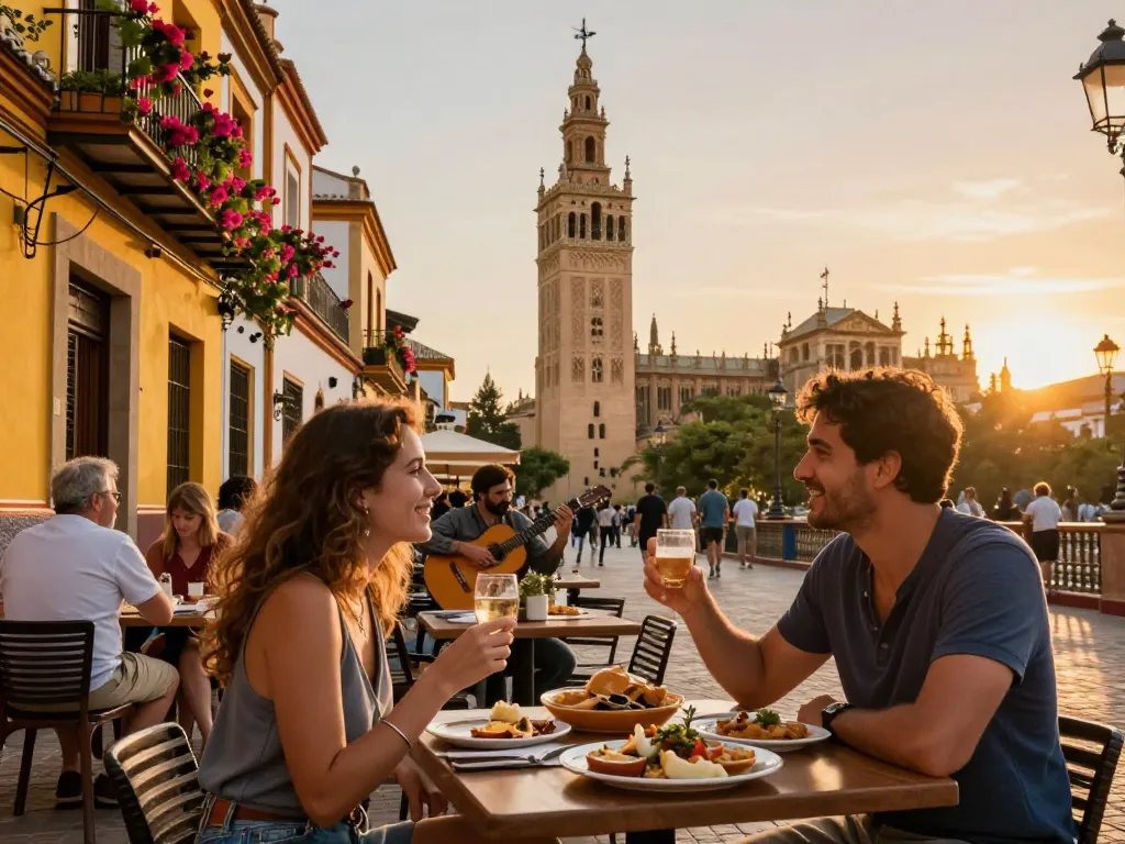 Reisetipps Sevilla: Paar genießt Tapas in den lebhaften Straßen bei Sonnenuntergang