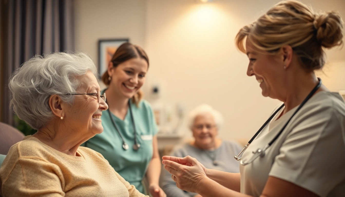 Engagierte Pflegekräfte in der Intensivpflege Hameln unterstützen glückliche Patienten in einem liebevollen Umfeld.