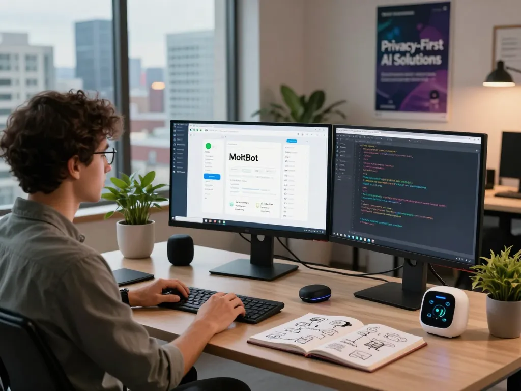 MoltBot AI personal assistant workspace with developer managing tasks and code, showcasing clawdbot ai integration in a modern office environment.
