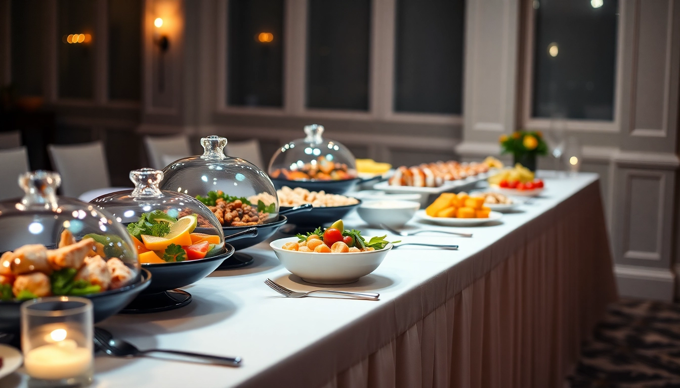 Catering-Buffet auf festlich gedecktem Tisch mit frischen, einladenden Speisen und eleganter Dekoration.